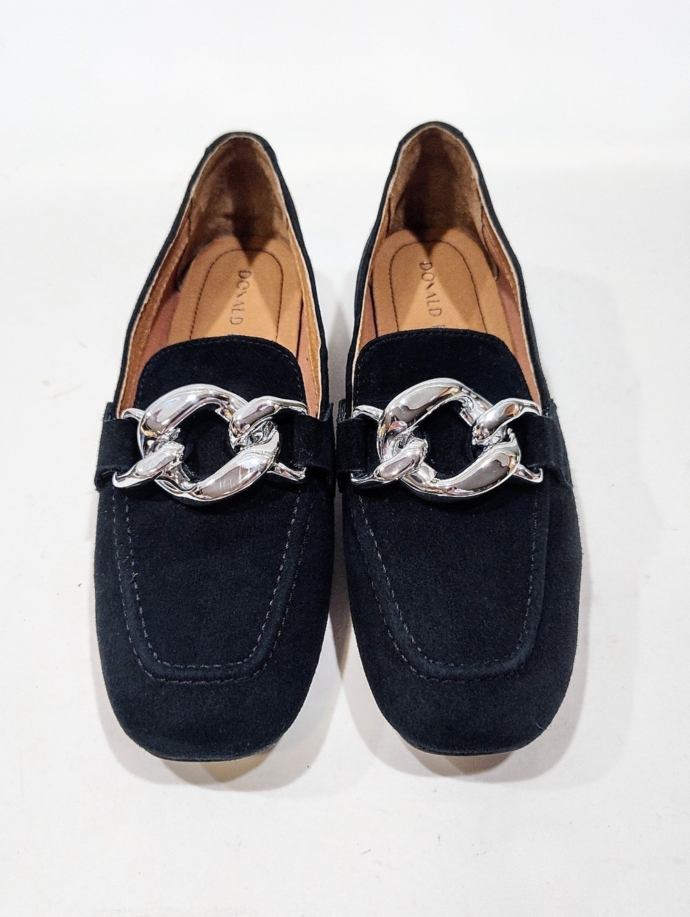 Donald Pliner Women's Bristol Kid Suede Loafer Black Size 6M Chunky Silver Chain